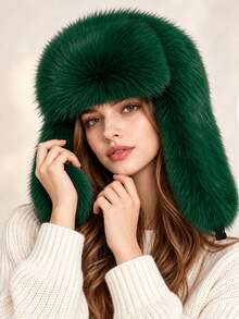 1pc Women's Cute Cartoon Rabbit Ear Decor Soft Warm Plush Hat, Suitable For Daily Use, Spring - Flight Cap - View 2