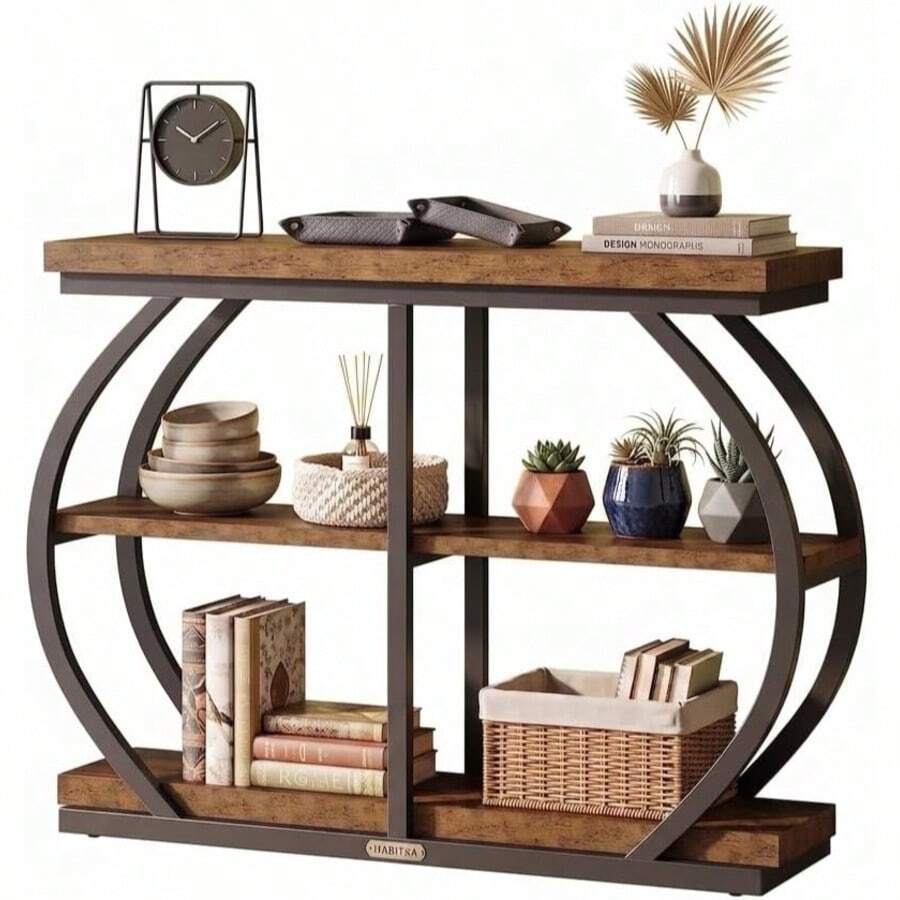 Mesa Consola Recibidor Nogal Vintage 105x30x80 cm | Mueble Recibidor de Entrada con 3 Niveles de Almacenamiento | Estructura de Metal Curvo Reforzado Estilo Industrial | para Sala Pasillo y Entrada | Fácil de Armar - Marrón - Ver 1