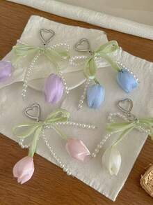 Fairy Style Tulip Phone Chain, High-End Pearl Wrist Strap, Gentle Style Bag Charm Keychain - Pastel - View 2