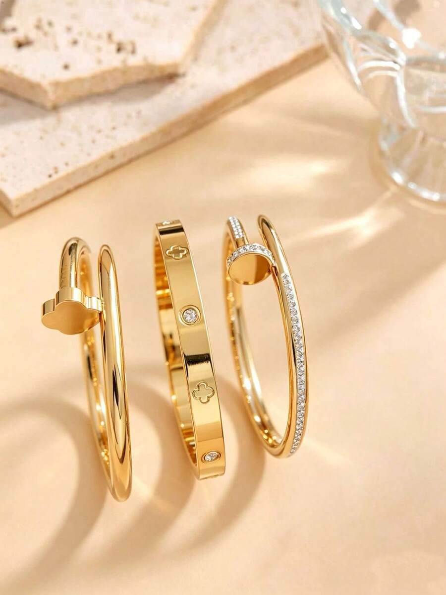 1pc/3pcs 304 Stainless Steel Women's Bracelet, Non-Fading Gold Color, Rhinestone & Shell Inlaid, Luxury Style - Gold - View 1