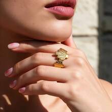 1pc Elegant 304 Stainless Steel Gold Shell Scallop Decor Adjustable Open Ring Suitable For Women Daily Beach Vacation Wear - Multicolor - View 5