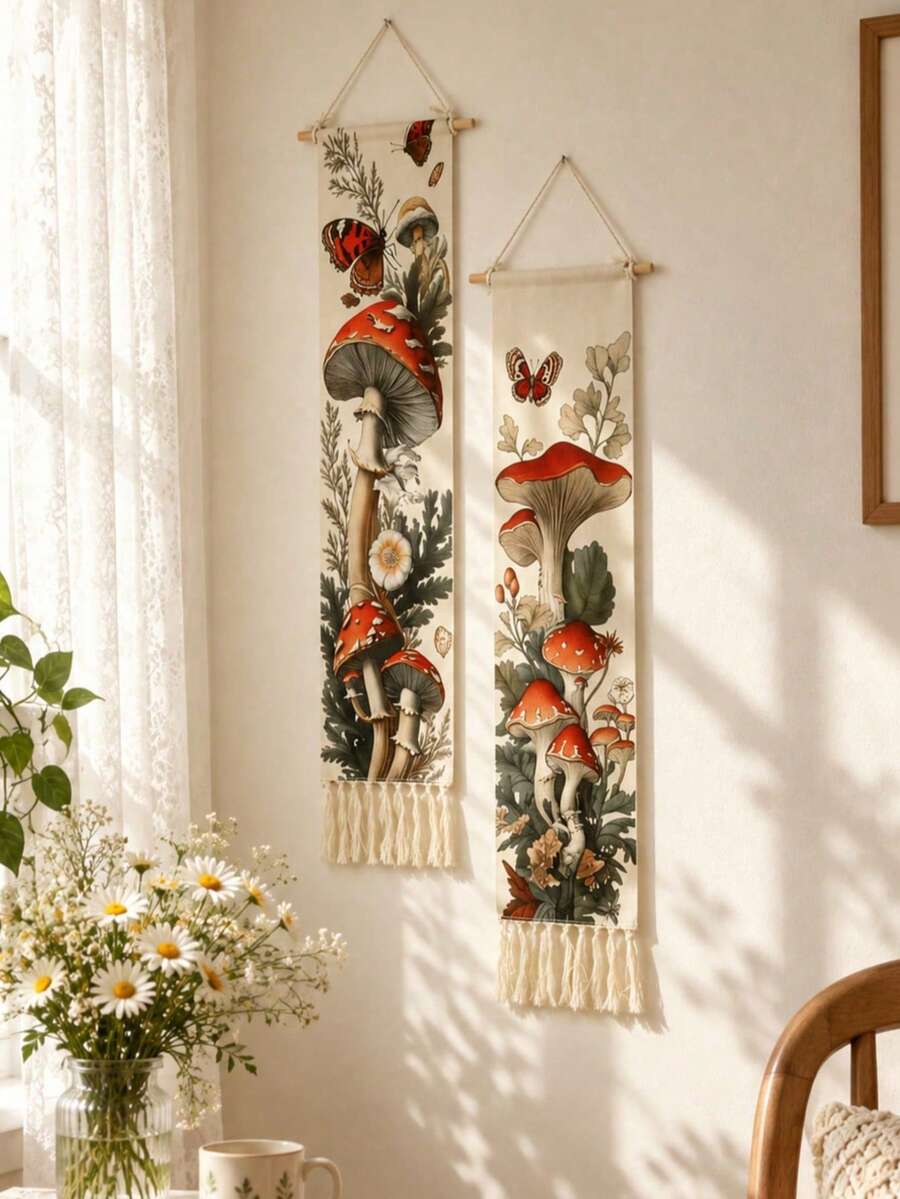 1 pieza Tapiz con diseño de seta y mariposa, diseño botánico vintage, decoración del hogar única, adecuado para sala de estar, dormitorio, tapiz de pared estilo bohemio - Multicolor - Ver 1