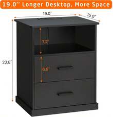 Mesa de Cabecera con Carga Inalámbrica, 2 Cajones, Estante Abierto, Negra, Moderna, para Recámara, Oficina - Negro - Ver 3