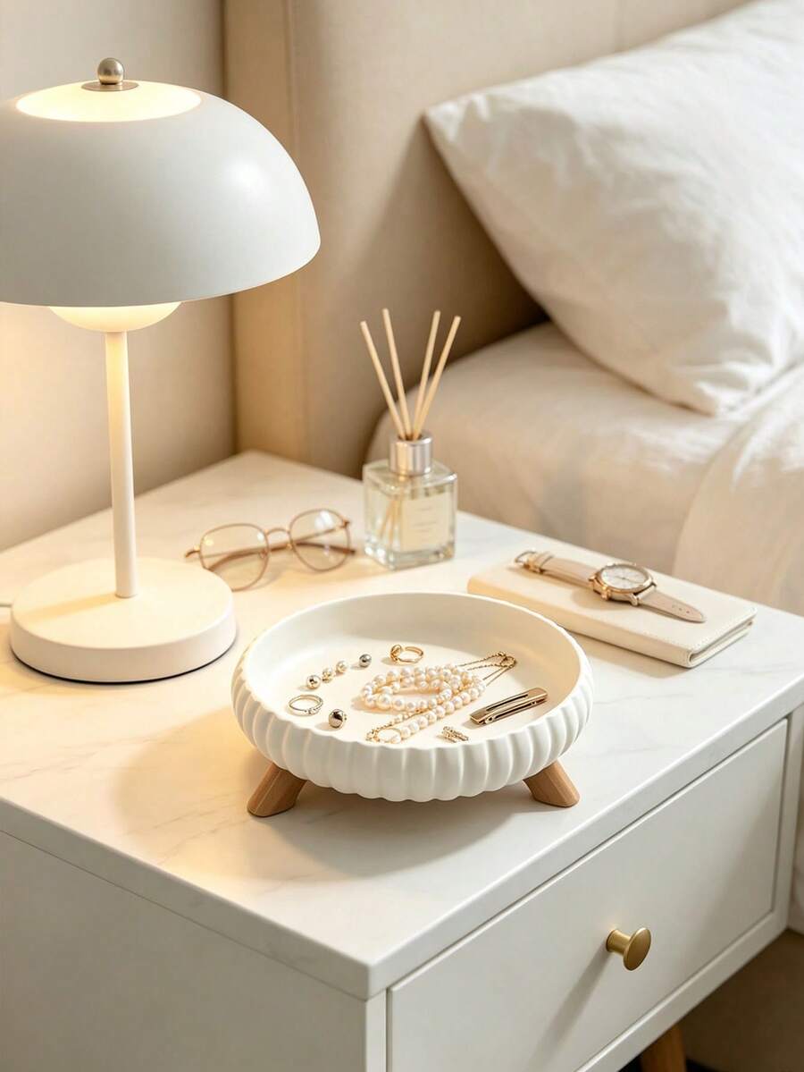 1pc Round Wavy Decorative Tray/Storage Tray - Fan-Shaped Edge Design, Suitable For Storing Rings, Earrings And Necklaces, Also Can Be Used As Jewelry Storage Ornament On Vanity; Suitable For Home Bedroom Decoration (Note: Not For Food Contact), Jewelry Display Tray, Desktop Storage Tray - Multicolor - View 1