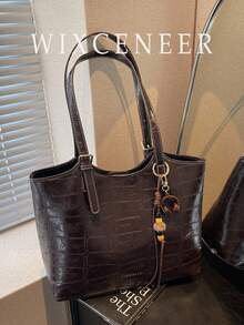Fashionable Large Capacity Tote Bag Retro Crocodile Embossed Shoulder Bag With Pendant Suitable For Commute Daily Used Dating Shopping - Coffee - View 2