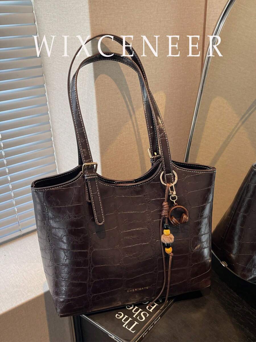 Fashionable Large Capacity Tote Bag Retro Crocodile Embossed Shoulder Bag With Pendant Suitable For Commute Daily Used Dating Shopping