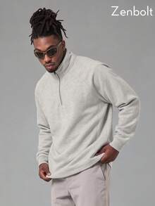 ZenBolt Winter Men Raglan Sleeve Quarter Zip Stand Collar Sweatshirt, Casual Solid 1/4 Zipper Pullover Top, Athletic Workout Street Tops - Light Grey - View 3