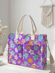 1pc Colorful Small Flowers Print Corduroy Multi-Pocket Large Capacity Storage, Snap Button Closure, Shoulder Tote Bag For Student Daily Commute School - Multicolor - View 11