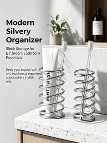 Stainless Steel Toothbrush Holder, Metal Bathroom Accessories, Toothpaste & Makeup Brush Storage Rack, Home Decor - Silver - View 2