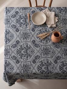 1pc Grey-Blue Base Black Vintage Damask Floral Pattern Tablecloth, Retro Classic Style Fabric Material, Rectangular Black Wavy Jagged Edge Detail, Stain-Resistant Protection For Tabletop And Decorative Enhancement, Suitable For Daily Home And Retro Classic Style Restaurant Decor - Black - View 9