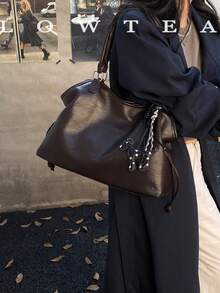 low tea 1pc Fashion PU Fabric Shoulder Tote Bag Suitable For Commuting, Shopping, Etc. (With Pendant) - Coffee - View 10