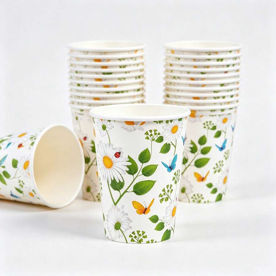 10/25pcs Daisy Butterfly Garden Disposable Paper Cups, Wildflower Floral Print Party Drinking Cups With Ladybug Leaf, Tableware For Spring Birthday, Baby Shower, Picnic, Tea Party Decor Supplies - Multicolor - View 1
