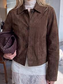 Jaket Kardigan Pendek Wanita Gaya Vintage Y2K Bahan Suede Imitasi dengan Kerah dan Kancing Satu Baris - Coklat - View 4
