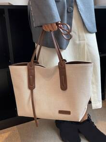 1pc Beige Brown PU Colorblock Tote Bag Minimalist Large Capacity Zipper Shoulder Bag For Women Commute Work School Casual Shopping Short Trip - Brown - View 3
