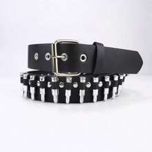 1pc Unisex Bullet Shape Punk Style Y2K Buckle PU Leather Belt - Silver - View 9