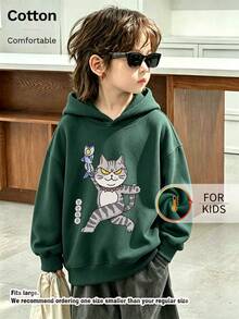 Kids Cute Long Sleeve Hoodie With Cartoon Cat Holding Fish Graphic Print Casual Drawstring Pullover - Dark Green - View 3