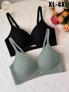 2pcs Plus Size Seamless Wireless High Support Bra, Wide Adjustable Straps, Padded Full Coverage Non-Wired, Suitable For Voluptuous Body Daily Comfortable Lingerie - Multicolor - View 1