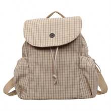Casual Daypack, Cream Grid Check Pattern Backpack, Drawstring Cinch Top & Front Pocket, Campus Weekend Trip, Soft Fabric Top Handle Rucksack - Multicolor - View 12