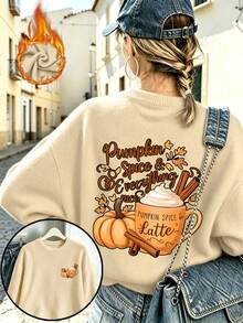 女款大尺碼休閒復古圓領仿針織毛衣，雙面「Pumpkin Spice Latte」圖案印花，秋季時尚穿搭 - 杏色 - 查看 3