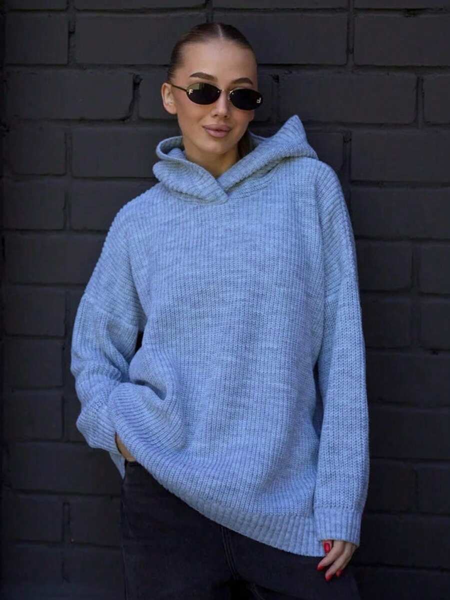 Plus Size Women's Fashion Elegant Solid Color Premium Hooded Sweater, Autumn/Winter, Suitable For Daily Wear, Dating, Holiday - Blue - View 1