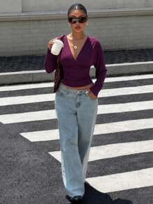 Atasan Kaos Wanita Lengan Panjang Warna Polos Model V-Neck yang Mempertegas Pinggang - Purple - View 9