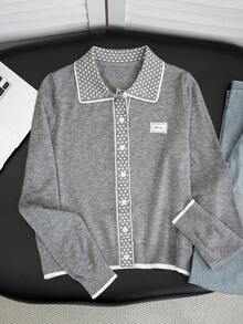 Korean Style Sweet Cute Polka Dot Jacquard Patchwork V-Neck Lapel Grey Knit Cardigan Women Autumn/Winter New Design Stylish Knitwear - Grey - View 8