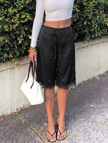 NOIRLYN Women's Winter Elegant Casual Satin Lace Trim Shorts, High Waist Flowy Loose Wide Leg Straight Drawstring Y2K Mid-Length Separates - Black - View 6