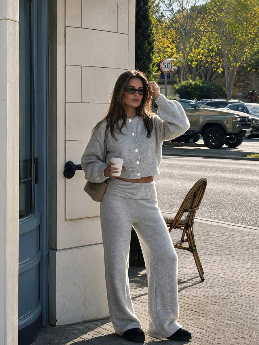 MORI Fall Winter Y2K Elegant Casual Grey Knit Cropped Cardigan Top Pants Two Pieces Set Women Going Out Vacation Outfits - Light Grey - View 1