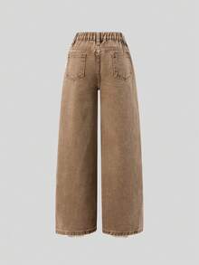 Girls' Bowknot Wide Leg Loose Denim Jeans, Embroidered Straight Leg Denim Pants, Y2K Style, Autumn/Winter New, Suitable For Outings, Dates, Shopping And Various Occasions - Brown - View 4