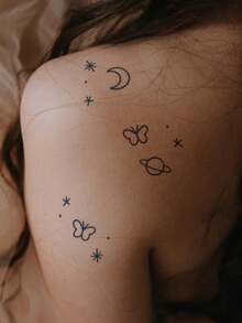 1pc Herbal Juice Semi-Permanent Magic Tattoo Sticker, Moon Butterfly Star Planet Pattern, Long-Lasting 14 Days, No Fading, No Reflection, Temporary Tattoo For Arm, Waist, Abdomen, Back And Body - Blue - View 3