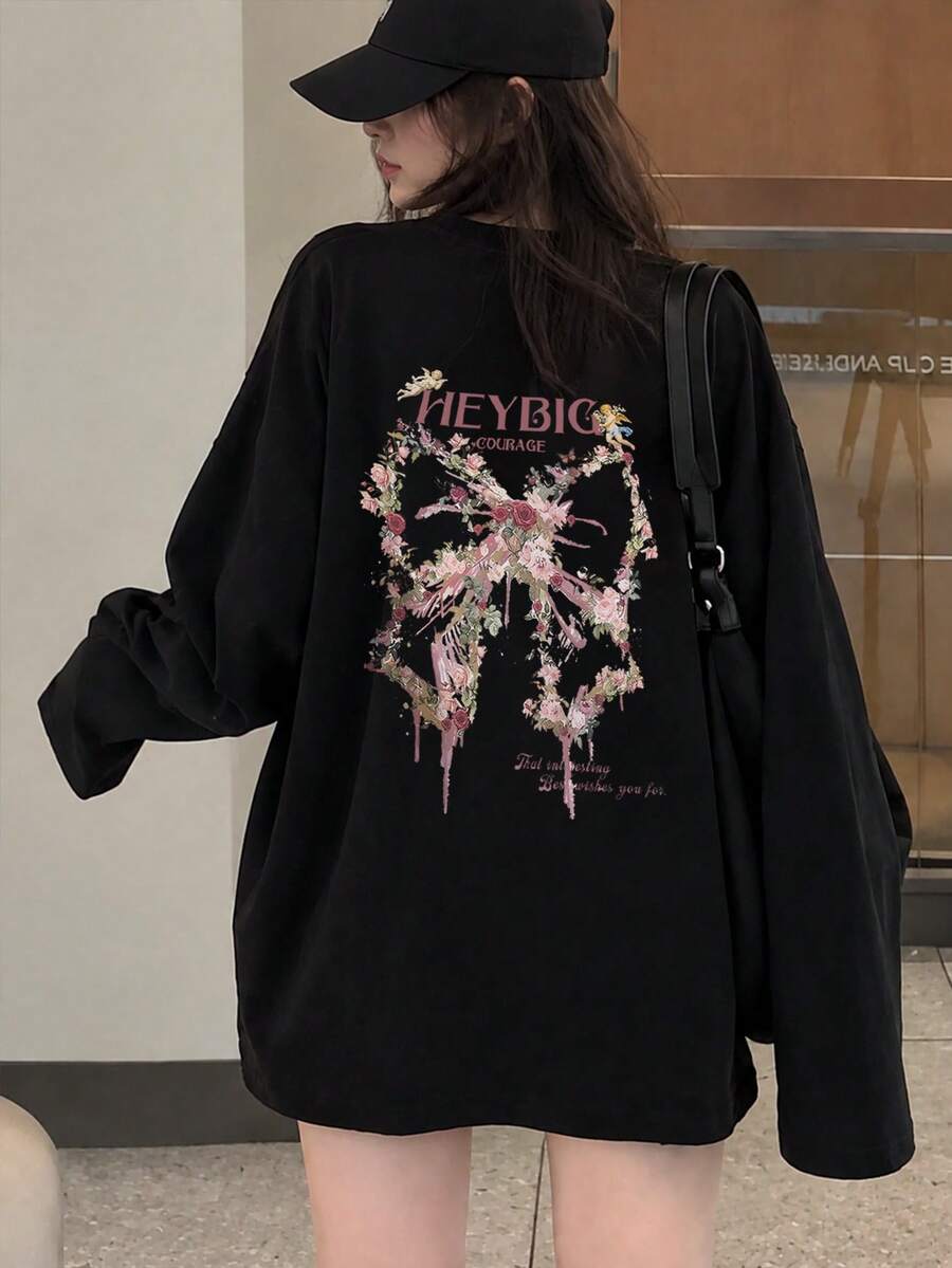 女款秋冬時尚寬鬆極簡百搭字母與花卉印花長袖T恤 - 黑色 - 查看 1