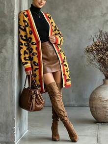Women's Autumn/Winter V-Neck Colorblock Leopard Print Jacquard Loose Casual Versatile Mid-Length Knit Cardigan - Multicolor - View 4
