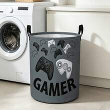 Gamer Controller Print Round Laundry Basket, Dark Gray Storage Bin, Featuring Multiple Controller Silhouette Designs, Foldable Laundry And Toy Storage Basket, Perfect For Boys' Game Rooms, Bedrooms, And Home Storage - Black Game Controller - View 6