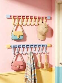 6/2/1pc Cute Pastel Style Plastic Long Strip Wall Mount Hook Rack With 10 Hooks, Punch‑Free Strong Load‑Bearing Hanging Holder, Multi‑Hook Wall Hanger, Suitable For Entryway, Bedroom, Bathroom, Dormitory, Closet, All‑Season Home Storage Organization - Multicolor - View 14