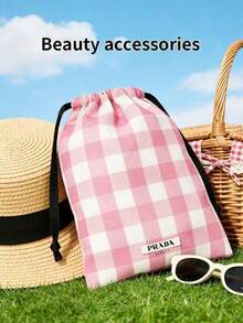 Prada Pink Plaid Drawstring Bag; Minimalist High-End Cosmetic Bag; Professional Counter Portable Storage Handbag; Handbag - Pink - View 3