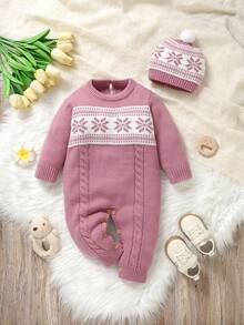 Vintage Snowflake Jacquard Baby Sweater & Romper 2 Pieces Set, Round Neck Cable Knit Jumpsuit With Pom Pom Hat, Stylish Autumn/Winter Outfit For Infants - Pink - View 5