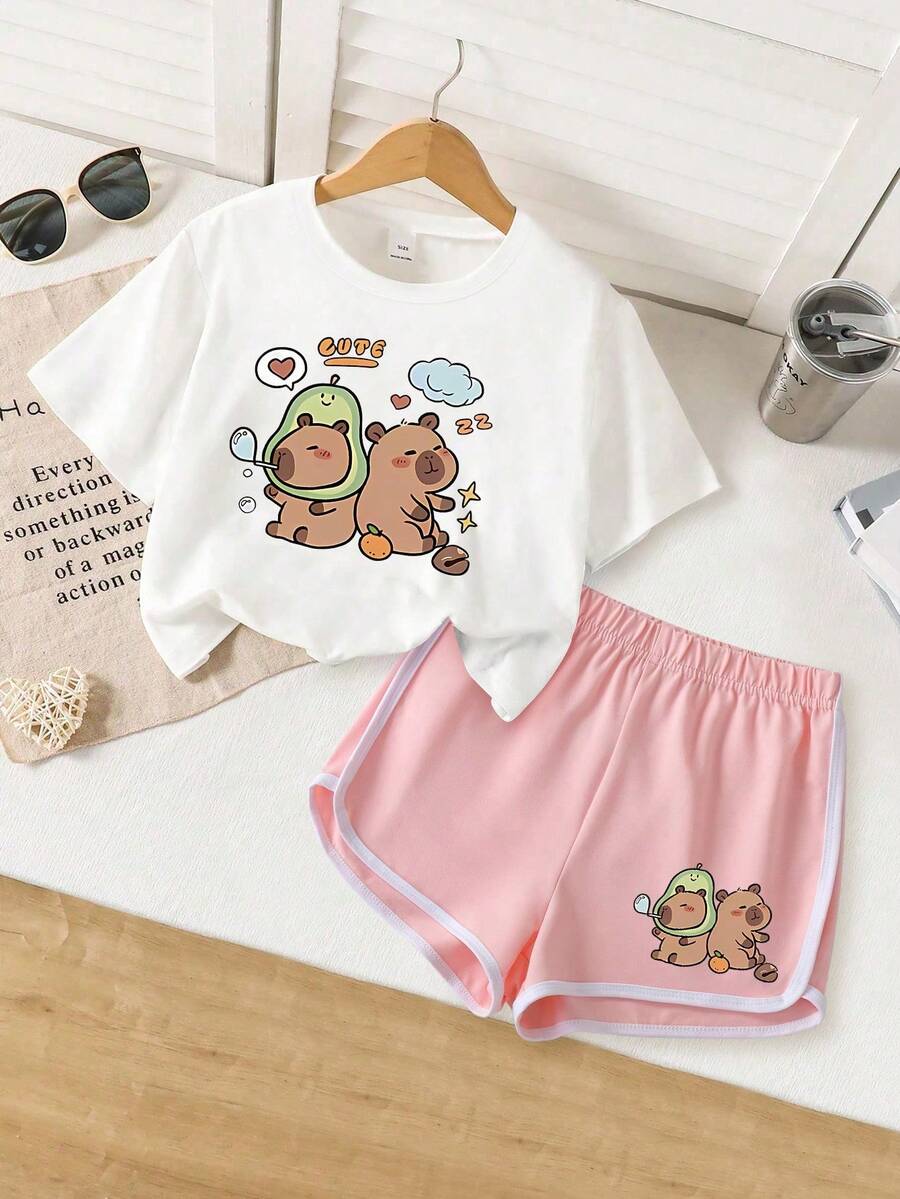 2 Pieces Tween Girl Set Print Tee & Shorts Cute Soft Comfy Everyday Wear - Multicolor - View 1
