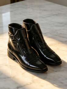 New Men's Ankle Boots With Buckle And Side Zipper, British Style Leather Boots, Versatile Boots For Party And Dating - Black - View 2