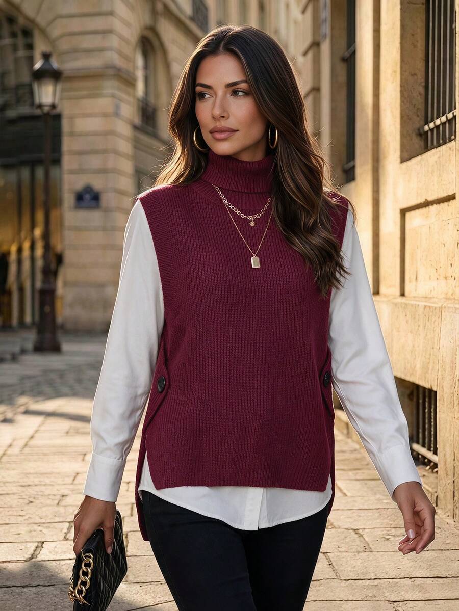 Rompi Sweater Wanita Kasual Kerah Tinggi Tanpa Lengan Warna Polos dengan Belahan Samping, Musim Gugur/Dingin, Merah Jangkar - Jangkar merah - View 1