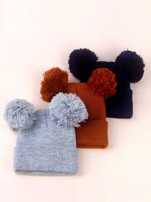 3pcs Infant Toddler Kids Knitted Double Pom-Pom Ear Ion Beanies, Thin & Warm, Solid Color, Versatile, Suitable For Spring, Autumn, Winter - Multicolor - View 7