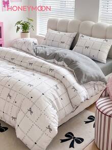 HONEYMOON 2/3pcs Plaid & Bow Print Duvet Cover Set (1 Duvet Cover + 1/2 Pillowcases), Button Closure, No Duvet Insert, Fits T F Q K All Sizes, Fashion Decor Home & School Dorm Bedding Essentials, Machine Washable - Multicolor - View 1