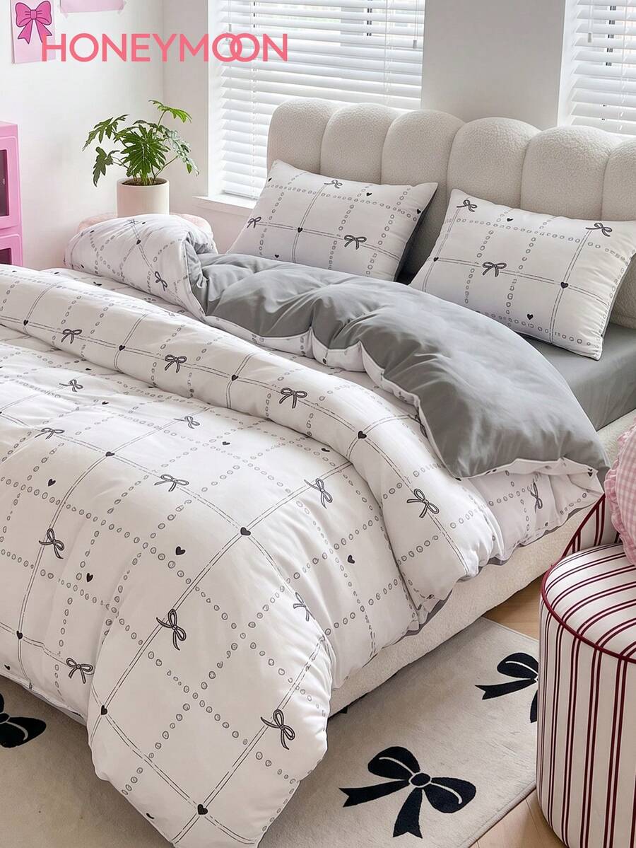 HONEYMOON 2/3pcs Plaid & Bow Print Duvet Cover Set (1 Duvet Cover + 1/2 Pillowcases), Button Closure, No Duvet Insert, Fits T F Q K All Sizes, Fashion Decor Home & School Dorm Bedding Essentials, Machine Washable - Multicolor - View 1