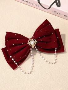 1pc Girls Fashionable Crystal And Pearl Embellished Bow Decorated Hair Clip, No Card Packaging - Burgundy - View 3
