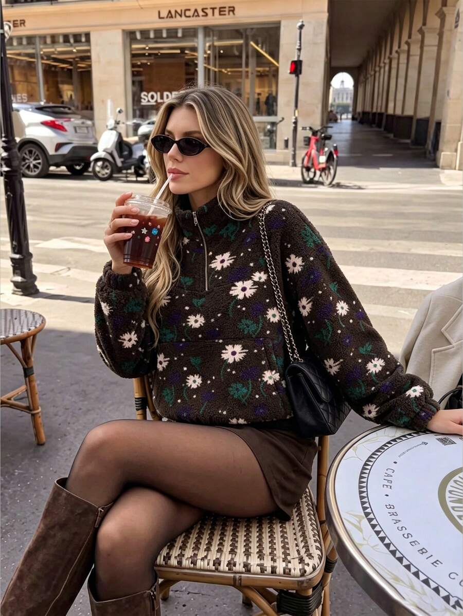 Pullover Fleece Motif Bunga Vintage Setengah Resleting Wanita, Kerah Tinggi Setengah Resleting Longgar Ukuran Besar, Pakaian Sehari-hari Streetwear Musim Gugur/Dingin Jaket Fleece Lembut Hangat yang Nyaman,