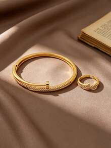 Letingsha 2pcs/Set Minimalist Luxury Gold-Plated Zirconia Jewelry Set, Bracelet And Open Ring, Suitable For Women's Wedding, Banquet And Daily Party Wear - Yellow Gold - View 3