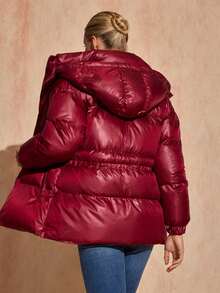 Women's Short Hooded Puffer Jacket, Burgundy Snap Button Padded Coat With Tie Waist, Cropped Quilted Winter Jacket - Burgundy - View 3