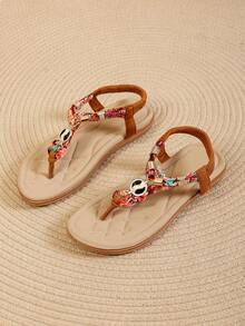 Colorful Woven Flat Toe-Ring Sandals For Women, Retro , Soft Bottom Comfortable Toe-Loop Roman Sandals - Rust Brown - View 2