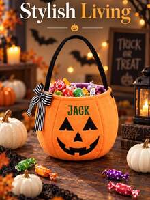 Personalized Plush Pumpkin Halloween Trick Or Treat Bucket, Customized Name Halloween Candy Tote Bag, Portable Handbag, Multi-Purpose Storage Bag, Suitable For Cosmetics, Stationery, Picnic, Travel, Halloween Home Decor Gift Bag - Multicolor - View 4