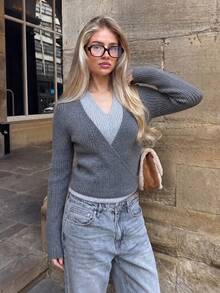 Senya 2026 Women's 2-In-1 Layered Knit Sweater, Grey V-Neck Ribbed Pullover, Slim Fit Long Sleeve 2 In 1 Casual Autumn/Winter Top - Grey - View 6
