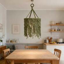 1 buah Kap Lampu Makrame Gaya Bohemian, Kap Lampu Gantung Dekorasi, Kap Lampu Gantung Anyaman Daun Hijau Buatan Tangan dengan Rumbai - Lampu Tidak Termasuk - Seperti yang ditunjukkan pada gambar - View 7